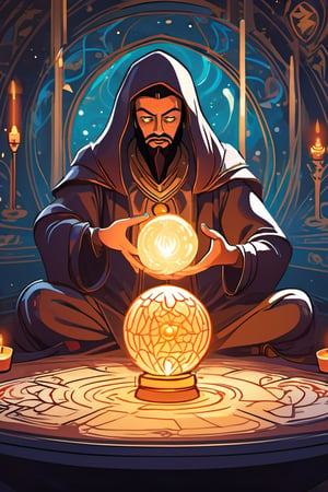 flat vector, mascot design, character design, In the midst of a mystical session, a figure sits in a dimly lit room, surrounded by candles casting flickering shadows. Before them, a crystal light globe rests, pulsating with an otherworldly glow. With intense focus, they hold a deck of tarot cards, their hands enveloped by the radiant energy emanating from the globe. Across the table, a querent eagerly awaits guidance, their eyes reflecting a mix of anticipation and uncertainty. The atmosphere crackles with energy as the psychic prepares to reveal insights from beyond, 
 , paint stains, pro vector, high detail, t-shirt design, grafitti, vibrant, t-shirt less