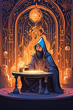 flat vector, mascot design, character design, In the midst of a mystical session, a figure sits in a dimly lit room, surrounded by candles casting flickering shadows. Before them, a crystal light globe rests, pulsating with an otherworldly glow. With intense focus, they hold a deck of tarot cards, their hands enveloped by the radiant energy emanating from the globe. Across the table, a querent eagerly awaits guidance, their eyes reflecting a mix of anticipation and uncertainty. The atmosphere crackles with energy as the psychic prepares to reveal insights from beyond, 
 , paint stains, pro vector, high detail, t-shirt design, grafitti, vibrant, t-shirt less