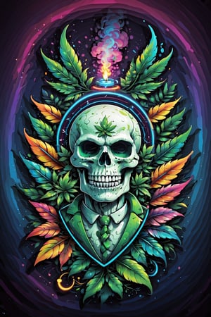 Logo business neon colors, cartoon style flat vector, mascot design, character design, cartoon, 
skull with a vibrant rainbow palette, smoking a weed joint amidst swirling cannabis leaves. Capture the unique fusion of darkness and colorful cannabis culture in vivid detail quality, wallpaper art, UHD, centered image, MSchiffer art, ((flat colors)), (cel-shading style) very bold neon colors, ((high saturation)) ink lines, psychedelic environment

