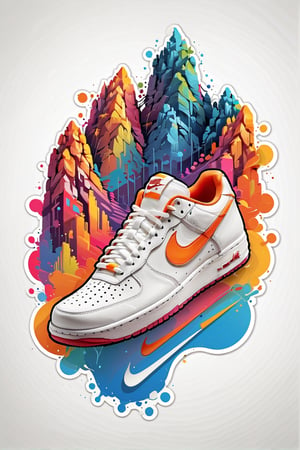 Logo business white clean background , single 1 nike sneakers 4 in a mountain style, pro vector, high detail, t-shirt design, grafitti, vibrant, t-shirt less, best quality, wallpaper art, UHD, centered image, MSchiffer art, ((flat colors)), (cel-shading style) very bold neon colors, ((high saturation)) ink lines, clean white background environment

