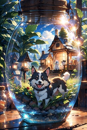 a world under a jar with little cute dogs inside the jar happy world inside the jar,8k,detail,midjourney,pastelbg