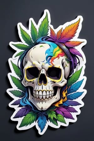 (highly detailed, masterpiece, best quality,highres:1.3), sticker bomb, flat vector, mascot design, character design, cartoon, 
skull with a vibrant rainbow palette, smoking a weed joint amidst swirling cannabis leaves. Capture the unique fusion of darkness and colorful cannabis culture in vivid detail