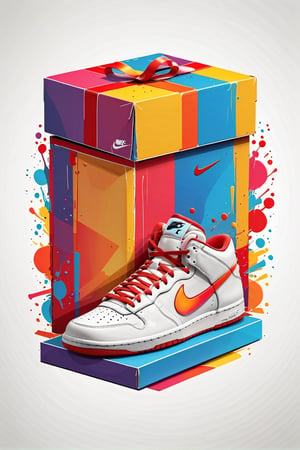 Logo business white clean background , nike sneakers box red , pro vector, high detail, t-shirt design, grafitti, vibrant, t-shirt less, best quality, wallpaper art, UHD, centered image, MSchiffer art, ((flat colors)), (cel-shading style) very bold neon colors, ((high saturation)) ink lines, clean white background environment

