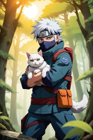 Official Art, Unity 8K Wallpaper, Super Detailed, Beautiful and Aesthetic, Masterpiece,Logo business white clean background     In the midst of a journey, Kakashi Hatake from the anime series Naruto is depicted standing on a rugged path, surrounded by dense foliage. The backdrop showcases a serene forest with sunlight filtering through the canopy, casting dappled shadows on the ground. Kakashi, clad in his signature ninja attire, is seen holding a small, fluffy cat in his hands. His expression is one of gentle care and affection as he gazes down at the feline companion nestled in his palms. Despite the challenges of their adventure, Kakashi's bond with his furry friend remains unwavering, providing a heartwarming moment amidst the wilderness, Highly Detailed, poster, clipart, chaos, elegant, brutalist design, bright colors, red, cyan, yellow, green, romanticism