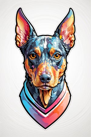 Logo business white clean background , the super   Dobermann dog head only cartoon , pro vector, high detail, t-shirt design, grafitti, vibrant, t-shirt less, best quality, wallpaper art, UHD, centered image, MSchiffer art, ((flat colors)), (cel-shading style) very bold neon colors, ((high saturation)) ink lines, clean white background environment
 