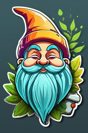 flat vector, mascot design, character design, cartoon, 
 gnome, smoking weed joint, background of swirling weed leaves. Gnome with mischievous grin, puffing on joint, surrounded by vibrant leaves. Sweet aroma fills air as journey delves deeper into the mind ,detail vector design ready to print, illustration of a  skull, side view, STICKER, white clean background, paint stains, pro vector, high detail, t-shirt design, grafitti, vibrant, t-shirt less