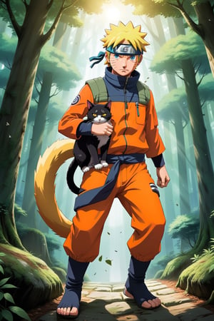 Official Art, Unity 8K Wallpaper, Super Detailed, Beautiful and Aesthetic, Masterpiece,Logo business white clean background     In the heart of his arduous journey, Naruto Uzumaki, the indomitable hero of the anime series Naruto, strides along a rugged path cutting through a lush forest. Towering trees arch overhead, their verdant leaves filtering sunlight to create a captivating play of light and shadow. Naruto, clad in his iconic orange jumpsuit and ninja headband, marches forward with unwavering determination etched across his face. Cradled in his arms is a small, fluffy cat, its curious gaze mirroring Naruto's steadfast resolve. Despite the trials they face, Naruto's expression exudes warmth and compassion as he gently holds the feline close to his heart. Together, they journey onward, their bond a testament to the enduring spirit of camaraderie amidst life's challenges., Highly Detailed, poster, clipart, chaos, elegant, brutalist design, bright colors, red, cyan, yellow, green, romanticism