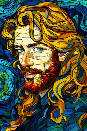 A close-up portrait of a 25-year-old american man with fair skin and long, curly blonde hair, front view, in the style of Vincent van Gogh, using a vibrant color palette of rich blues, deep yellows, and bold greens with Van Gogh's signature swirling, textured brushstrokes. Artists: Vincent van Gogh, Henri de Toulouse-Lautrec, Paul Gauguin.