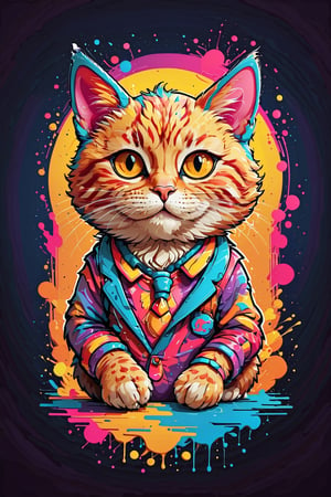 Logo business neon colors, cartoon style illustration of cute cat is artfully crafted with splashy neon colors, creating a vibrant and dynamic visual impact. The design should evoke a sense of energy and style, with the colors dripping seamlessly to convey a bold and captivating aesthetic scene in vibrant , pro vector, high detail, t-shirt design, grafitti, vibrant, t-shirt less, best quality, wallpaper art, UHD, centered image, MSchiffer art, ((flat colors)), (cel-shading style) very bold neon colors, ((high saturation)) ink lines, clean background environment

