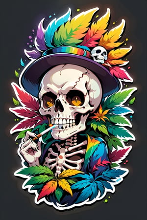 Sticker, flat vector, mascot design, character design, cartoon, 
skull with a vibrant rainbow palette, smoking a weed joint amidst swirling cannabis leaves. Capture the unique fusion of darkness and colorful cannabis culture in vivid detail