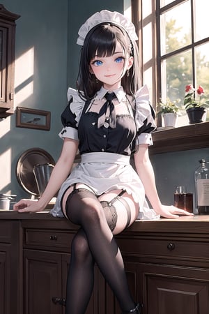 masterpiece, best quality, incredibly absurdress, highres, (high detail eyes:1.3), high detail background, 1girl, heterochromia, maid, rating:safe, , window, crossed_legs, enmaided, apron, thighhighs, red_eyes, blue_eyes, solo, long_hair, maid_apron, sitting, smile, garter_straps, looking_at_viewer, sunlight, black_legwear, alternate_costume, indoors, 1 girl seducive