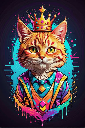 Logo business neon colors, cartoon style illustration gamer cat wearing crown, with splashy neon colors, creating a vibrant and dynamic visual impact. The design should evoke a sense of energy and style, with the colors dripping seamlessly to convey a bold and captivating aesthetic scene in vibrant , pro vector, high detail, t-shirt design, grafitti, vibrant, t-shirt less, best quality, wallpaper art, UHD, centered image, MSchiffer art, ((flat colors)), (cel-shading style) very bold neon colors, ((high saturation)) ink lines, clean background environment

