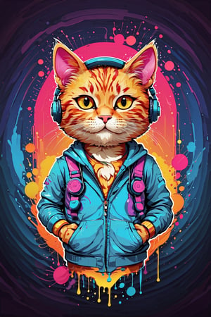 Logo business neon colors, cartoon style illustration gamer cat with headphones, with splashy neon colors, creating a vibrant and dynamic visual impact. The design should evoke a sense of energy and style, with the colors dripping seamlessly to convey a bold and captivating aesthetic scene in vibrant , pro vector, high detail, t-shirt design, grafitti, vibrant, t-shirt less, best quality, wallpaper art, UHD, centered image, MSchiffer art, ((flat colors)), (cel-shading style) very bold neon colors, ((high saturation)) ink lines, clean background environment

