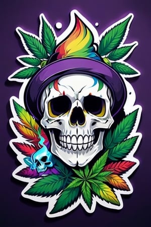 (highly detailed, masterpiece, best quality,highres:1.3), sticker bomb, flat vector, mascot design, character design, cartoon, 
skull with a vibrant rainbow palette, smoking a weed joint amidst swirling cannabis leaves. Capture the unique fusion of darkness and colorful cannabis culture in vivid detail