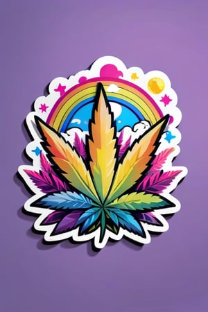 (highly detailed, masterpiece, best quality,highres:1.3), sticker bomb, flat vector, mascot design, character design, 
Cannabis leaf with rainbow colours , and gold touch,  Create an image capturing the essence of this cool and laid-back scene in vibrant detail
