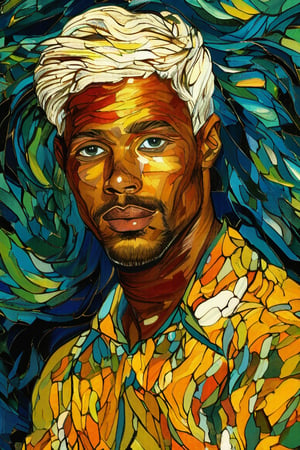 A close-up portrait of a 25-year-of african man with white skin and short, straight blonde hair, front view, in the style of Vincent van Gogh, using a vibrant color palette of rich blues, deep yellows, and bold greens with Van Gogh's signature swirling, textured brushstrokes. Artists: Vincent van Gogh, Henri de Toulouse-Lautrec, Paul Gauguin.