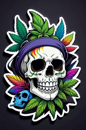 (highly detailed, masterpiece, best quality,highres:1.3), sticker bomb, flat vector, mascot design, character design, cartoon, 
skull with a vibrant rainbow palette, smoking a weed joint amidst swirling cannabis leaves. Capture the unique fusion of darkness and colorful cannabis culture in vivid detail