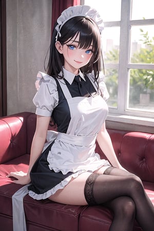 masterpiece, best quality, incredibly absurdress, highres, (high detail eyes:1.3), high detail background, 1girl, heterochromia, maid, rating:safe, maid_headdress, window, crossed_legs, enmaided, apron, thighhighs, red_eyes, blue_eyes, solo, long_hair, maid_apron, sitting, smile, garter_straps, looking_at_viewer, sunlight, black_legwear, alternate_costume, indoors, 1 girl seducive
