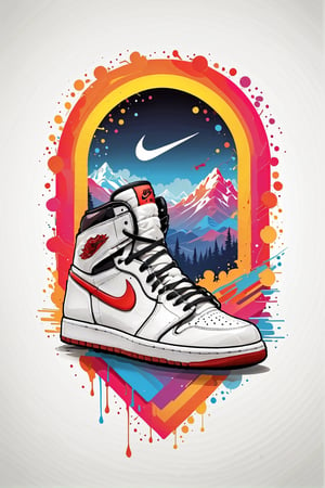 Logo business white clean background , red and black , nike jordans 1 retro shoes in a mountain style, pro vector, high detail, t-shirt design, grafitti, vibrant, t-shirt less, best quality, wallpaper art, UHD, centered image, MSchiffer art, ((flat colors)), (cel-shading style) very bold neon colors, ((high saturation)) ink lines, clean white background environment
