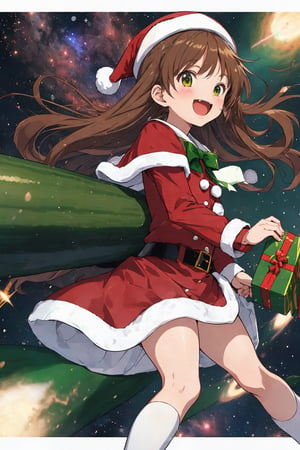 high quality,  anime visual
break
1girl,  14yo,  pretty,  brown hair,  long hair,  brown eyes,  laughing so hard,  have a zucchini,  ((white beret):1.1),  ((battle Santa uniform)), red ribbon,  ((green spats)),  (red sneeker),  (((universe)), (garaxy))