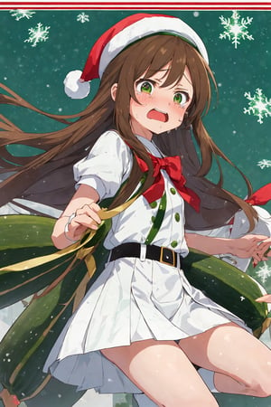 high quality,  anime visual
break
1girl,  14yo,  pretty,  brown hair,  long hair,  brown eyes,  have a zucchini,  ((white beret):1.1),  ((battle Santa zucchini uniform)),  red ribbon,  ((green spats)),  (red sneeker),  ((magical girl):1.1), (((anxiety):1.2)), ((cry))