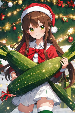 high quality,  anime visual
break
1girl,  14yo,  pretty,  brown hair,  long hair,  brown eyes,  have a zucchini,  ((white beret):1.1),  ((battle Santa zucchini uniform)),  red ribbon,  ((green spats)),  (red sneeker),  ((magical girl):1.1)
break
Christmas tree
