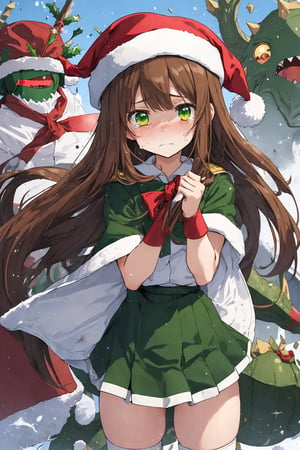 high quality,  anime visual
break
1girl,  14yo,  pretty,  brown hair,  long hair,  brown eyes, have a zucchini,  ((white beret):1.1),  ((battle Santa uniform)),  (gym uniform),  red ribbon,  ((green spats)),  (red sneeker), ((be scared):1.3), (cry:1.2)
break
((monster):1.4)
