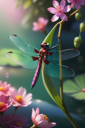 A majestic emerald green and carmine red dragonfly hovers delicately over calm waters dotted with pink and violet flowers, its translucent wings shimmering in the warm sunlight that casts a soft glow on the petals. The dragonfly’s vibrant body blends seamlessly with the surrounding foliage as it gathers nectar from the flower’s center. 8K resolution captures every intricate detail of the natural scene, from the delicate pollen grains to the soft focus of the blurred background.