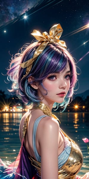 Watercolor painting, (Beautifully aesthetic: 1.2), (1 girl: 1.3), (colorful hair, half blue and half purple hair: 1.2), water, liquid, natta, colorful, gold lace and pale blue that shiny gold ribbons around , petals and dried daughters floating on the head, beautiful night, starry sky, it is raining, satin, fantastic night, watercolor, 1 girl