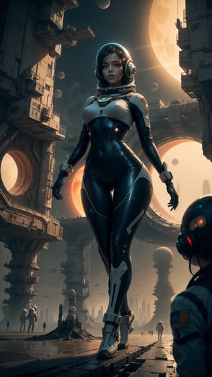 Astronauts, futuristic city, giant cruise ship, Portal to another WORLD, Science fiction, astronauts, spaceships, sky vault, yellow suns, craters, futuristic cities, beautiful girl walking on an extraterrestrial planet with a very tight and sexy astronaut suit