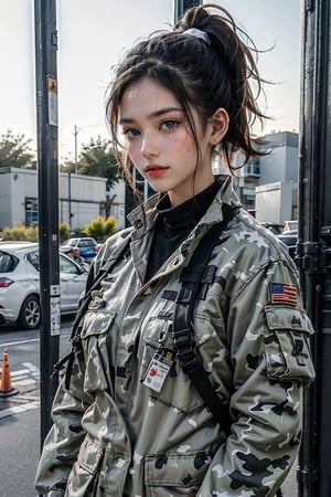 (masterpiece, best quality, ultra detailed, 8K), cute 18 year old military girl, close-up, camouflage military jacket, perfect figure, no makeup, (natural expression), (smiling face), light gray eyes, perfect proportions (straight black hair tied in a ponytail with ribbon), low angle, summer sunlight, glare, heat haze, five-fingered hand, correct hand shape, military hangar in the background
