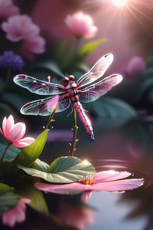 A majestic emerald green and carmine red dragonfly hovers delicately over calm waters dotted with pink and violet flowers, its translucent wings shimmering in the warm sunlight that casts a soft glow on the petals. The dragonfly’s vibrant body blends seamlessly with the surrounding foliage as it gathers nectar from the flower’s center. 8K resolution captures every intricate detail of the natural scene, from the delicate pollen grains to the soft focus of the blurred background.