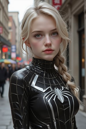 Beautiful girl in black and white spiderman costume, swen stacy, grey eyes, blonde hair, smooth and fair skin, pink lips, makeup, look towards walt street, tight suit, athletic body, sexy posture, attractive.