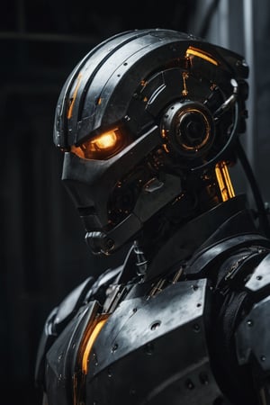 Aesthetic film photography, grain film, cinematic, science fiction, military science fiction, genetic engineering gone wrong leads to mechanical creatures. Knight, close-up, elemental, robotic, dazzling, sulfurous, total darkness, glowing eyes.
