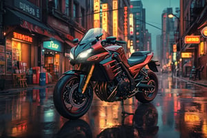 city,cyberpunk,(cityscape:1.1),(neons:1.2),ray tracing,street,sunset view,high reflection,YANGWANG U9,,masterpiece,sunset light,hdr,kawasaki H2 motorcycle engine,(rain:1.1 ), rainy days, engine, mechanics, stylized, pistons, buggies, engine, wheel with city tire