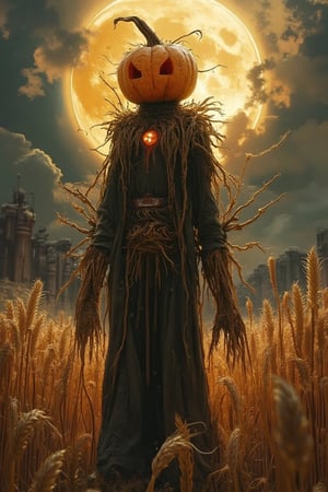 Masterpiece, Professional, Award Winning, Intricate Details, Ultra High Detail, 64k, Dramatic Light, Volumetric Light, Create a full body image of an anime character with features of a scarecrow wizard who has a pumpkin head and a beautiful sexy woman body and is a character in a medieval RPG. Standing in a rotten wheat field. Shows incredible texture and detail. Rendered in high quality super detailed textures. Meticulously illustrated. Adds an ominous atmosphere to the image, 8k, ek_art_b00ster,anime,illustrated,FluxBoost,myvectorillustrations