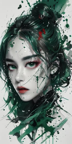 Ultra Wide Shot, Minimalist Art with Sharp Lines, Green Blood Red Lips, Dripping, AI Takeover, White Background, Monochrome with Green Highlight, Green Eyes, Symmetry, Monochrome, Long Hair, Bright Green Hair