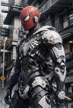 mecha, robot, spiderman, weapon, holding, sword, solo, cobwebs, holding_weapon, mechanical_webs, beam_saber, v-end, holding_sword, dual wielding, science fiction, building_background, skyscraper_background, power_sword, shiny, holding sword, reflection mapping , realistic figure, hyper detailed, cinematic lighting photography, hdr, ray tracing, nvidia rtx, super resolution, unreal 5, subsurface scattering, pbr texturing, post processing, anisotropic filtering, depth of field, maximum clarity and sharpness, hyperrealism, depth of field . ar 51:64 --niji 6 --raw style, spiderman, combat position,spideyadv2,BlackSM