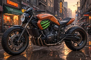 city,cyberpunk,(cityscape:1.1),(neons:1.2),ray tracing,street,sunset view,high reflection,YANGWANG U9,,masterpiece,sunset light,hdr,kawasaki H2 motorcycle engine,(rain:1.1 ), hot days, engine, mechanics, stylized, pistons, buggies, engine, wheel with city tire