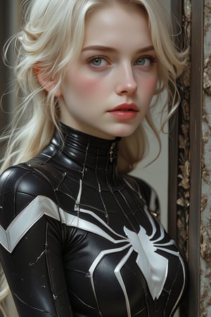 beautiful girl in black and white spiderman suit, swen stacy, grey eyes, blonde hair, smooth and fair skin, pink lips, makeup, look towards walt street, tight suit, athletic body, sexy posture, attractive. spiderman posture, elegant, detailed eyes, tight suit, very tight suit,