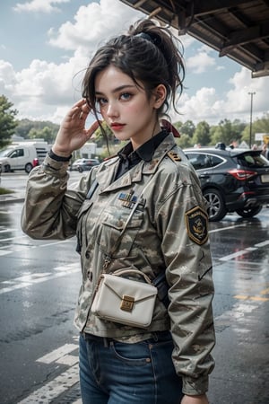 (masterpiece, best quality, ultra detailed, 8K), cute 18 year old military girl, close-up, camouflage military jacket, perfect figure, no makeup, (natural expression), (smiling face), light gray eyes, perfect proportions (straight black hair tied in a ponytail with ribbon), low angle, summer sunlight, glare, heat haze, five-fingered hand, correct hand shape, military hangar in the background