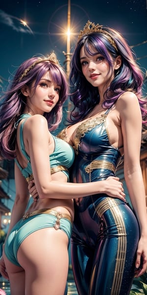 Watercolor painting, (Beautifully aesthetic: 1.2), (2 girls: 1.3), (colorful hair, long hair, half blue and half purple hair: 1.2), water, liquid, natta, colorful, gold lace and pale blue outfit, shiny gold ribbons around, petals and dry leaves floating in the air, tiara with gold decorations and flowers, beautiful night, starry sky, it is raining, satin, fantastic night, watercolor, 2 girls, flirty smile, sexy, striking breasts, cleavage wide, tight suit, beautiful, very marked camel toe