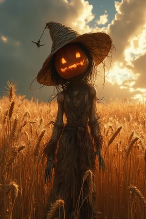 Masterpiece, Professional, Award Winning, Intricate Details, Ultra High Detail, 64k, Dramatic Light, Volumetric Light, Create a full body image of an anime character with features of a scarecrow wizard who has a pumpkin head and a beautiful sexy woman body and is a character in a medieval RPG. Standing in a rotten wheat field. Shows incredible texture and detail. Rendered in high quality super detailed textures. Meticulously illustrated. Adds an ominous atmosphere to the image, 8k, ek_art_b00ster,anime,illustrated,FluxBoost,myvectorillustrations