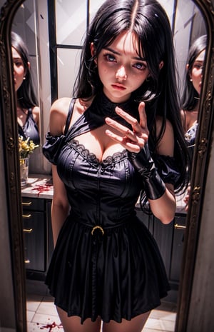 (((young woman with light eyes standing in front of a broken mirror looking at her own reflection))), ((hand passing through the mirror)), ((dark, low-cut dress, gold details, jewelry on the dress)), (( wearing silk gloves)) moonlight, window showing full moon, (purple black long hair: 1.3), (long hairstyle: 1.4), ((light purple eyes)), ((1 young woman)), (busty ), big breasts, best quality, extremely detailed, HD, 8k, (sad face), (sad eyes), crying, tears, (viewed_from_back:0.7), 1woman, glass, blood on the floor, blood on hands.