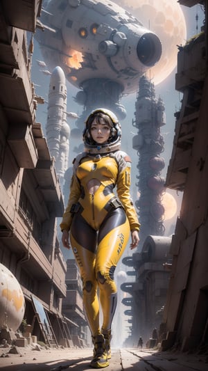 Astronauts, futuristic city, giant cruise ship, Portal to another WORLD, Science fiction, astronauts, spaceships, sky vault, yellow suns, craters, futuristic cities, beautiful girl walking on an extraterrestrial planet with a very tight and sexy astronaut suit