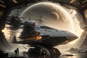 interstellar ship to travel through space, show the background of the celestial vault, the ship is passing near a yellow sun, astronaut making repairs to the ship's hull, astronaut armor, android.