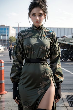 (masterpiece, best quality, ultra detailed, 8K), cute 18 year old military girl, close-up, camouflage military jacket, perfect figure, no makeup, (natural expression), (smiling face), amber eyes, honey eyes , perfect proportions (straight black hair tied in a ribbon ponytail), low angle, summer sunlight, shine, heat haze, five-fingered hand, correct hand shape, military hangar in the background