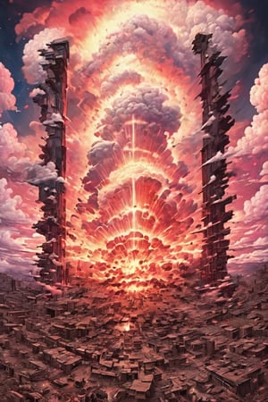 sky covered in the mushroom of a nuclear explosion, nuclear bomb in the air, red sky, EpicSky, NathanDrake, Lucky Clover, cumbath, cup, cum log, excessive fire, mushroom cloud, explosion covering the entire photo frame, destruction excessive, nuclear fire, Vilga, dcfc, FACEJERK, yasuraoka hanabi, city destroyed excessively by shock wave.