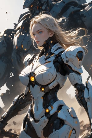 Captured midway, two lone figures emerge from the smoking ruins: two young, slender cyborgs with piercing blue eyes and striking black and white, long hair, dressed in a futuristic black and gold battle suit. The desolate alien battlefield stretches out behind her, littered with twisted metal and shattered rubble. Her gaze is fixed straight ahead, her eyes shining with determination as she observes the devastation, knee, cleavage, beauty, breasts, wide neckline, serious face, knee, ghostrider, GVA Armor Suit,mecha\(hubggirl)\,NGC,robot,photo r3al