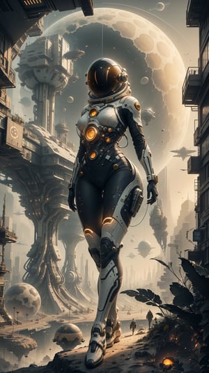 Astronauts, futuristic city, giant cruise ship, Portal to another WORLD, Sci-fi, astronauts, spaceships, sky dome background, yellow suns, craters, futuristic cities, highlights a beautiful astronaut girl walking on an alien planet wearing astronaut armor very tight and sexy, facing the viewer, look of concern.